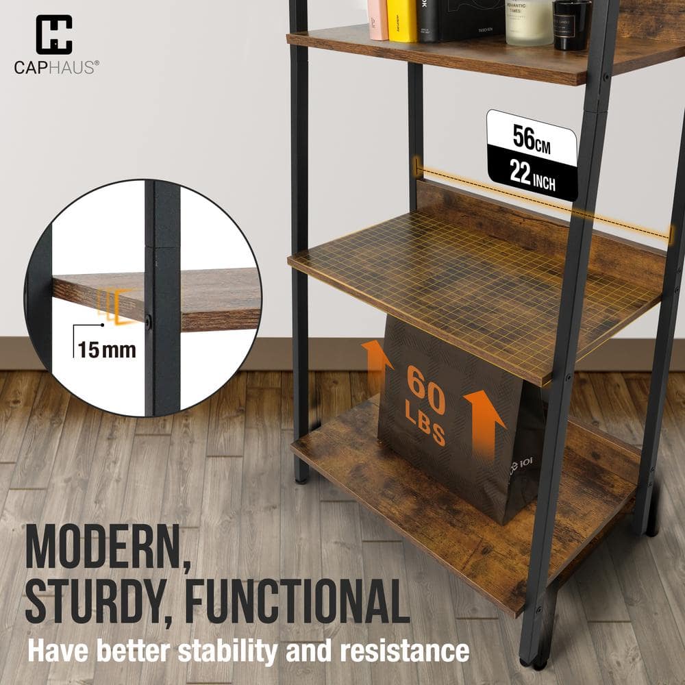 Rustic Oak and Matte Black 5-Tier Ladder Bookshelf