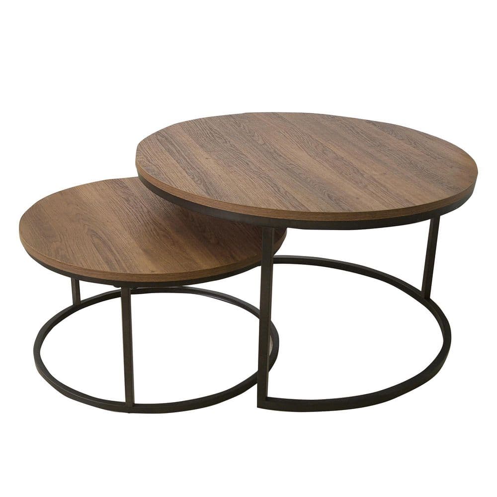 Stella Reclaimed Oak Round Nesting Coffee Table Set with Metal Base