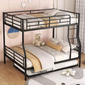 Detachable Black Full XL over Queen Metal Bunk Bed with Trundle, Built-in Ladder