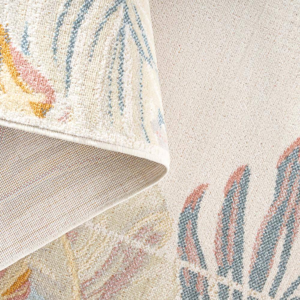 Ivory and Coral Tropical Floral Rectangular Synthetic Rug