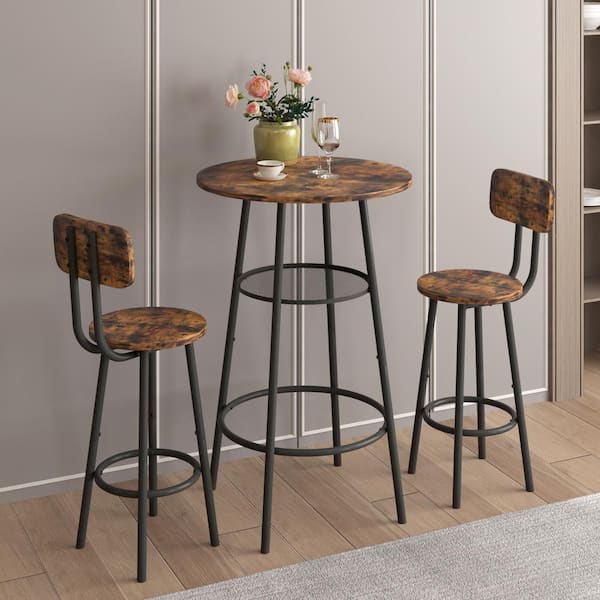 Outdoor/Indoor Wood Top Patio High Top Bistro Set, 3-Piece Tall Bistro Table and Chairs Set with Backrest and Partition