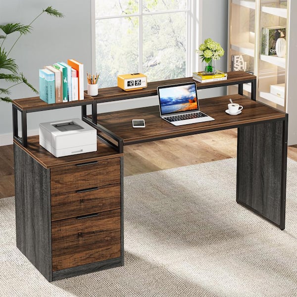 BYBLIGHT Havrvin 55.11 in. Rectangular Rustic Brown and Black 3-Drawer Computer Desk with File Storage for Home Office