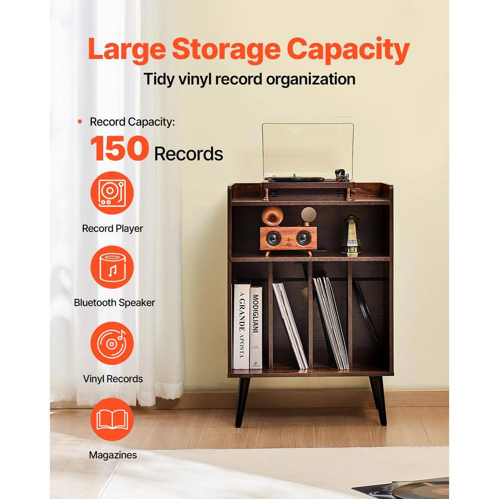 Brown Wood 3-Tier Record Player Stand with LED Light and USB Ports