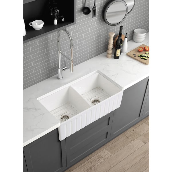 FUNKOL Off White Ceramic 33 in. Double Bowl Undermount Workstation Kitchen Sink with Bottom Grid