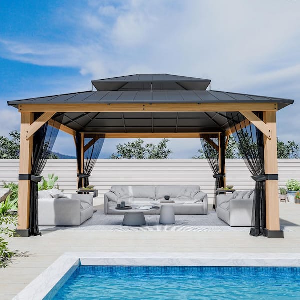 13 ft. x 11 ft. Cedar Wood Frame Gazebo with Double Galvanized Steel Roof and Mosquito Netting for Outdoor Patio
