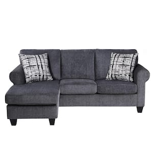 1-Piece Grey Linen Fabric L-Shape Reversible 3-Seater Upholstered Sectionals Sofa with 2-Pillows for Living Room