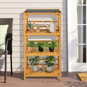 54 in. Tall Indoor/Outdoor Fir Wood Plant Stand with Weatherproof Asphalt Roof for Patio (3-Tiered)