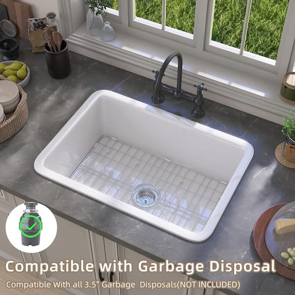 27 Inch White Undermount Kitchen Sink - Fireclay Single Bowl Deep Basin (27"x19"x10")