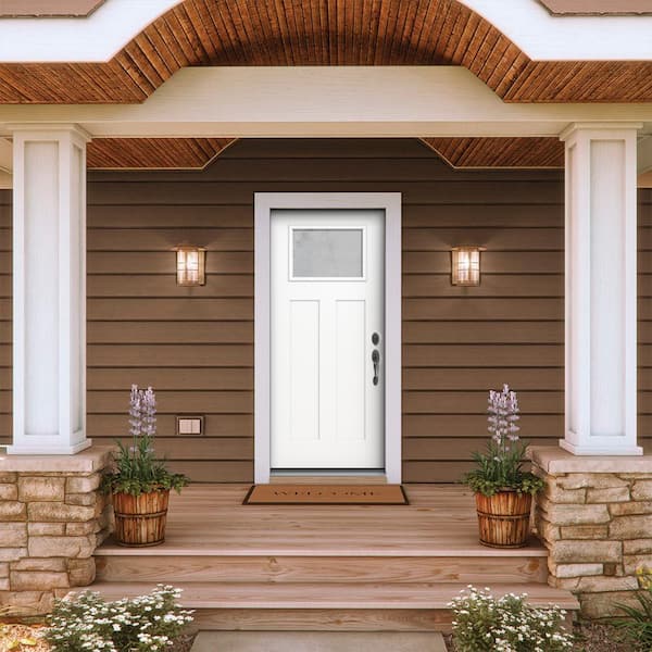 36 in. x 80 in. Left-Hand 1/4 Lite Craftsman Micro-Granite Glass Modern White Fiberglass Prehung Front Door