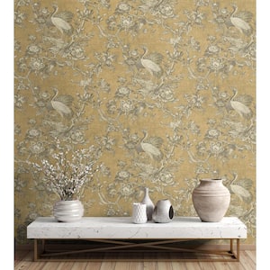 60.75 sq. ft. Metallic Hazelnut Alice Crane Toile Paper Unpasted Wallpaper Roll