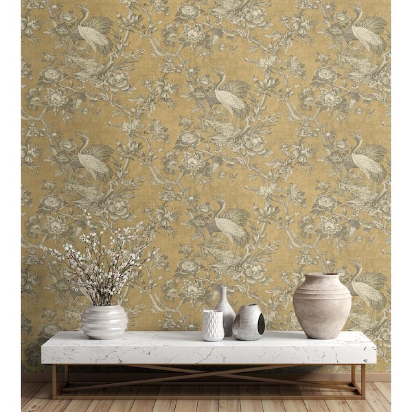 60.75 sq. ft. Metallic Hazelnut Alice Crane Toile Paper Unpasted Wallpaper Roll