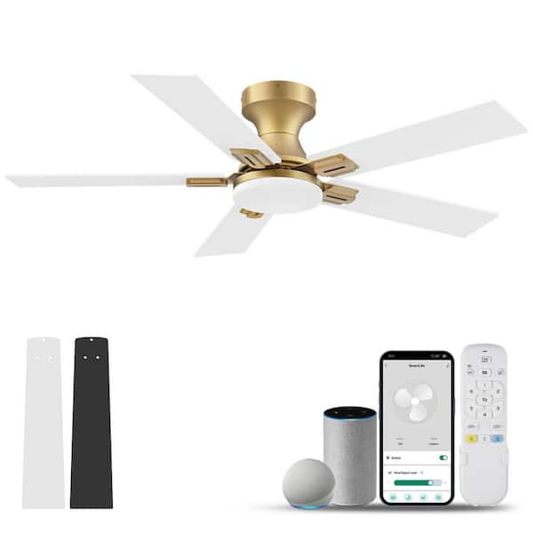 42 in.Smart Outdoor Indoor Gold White Flush Mount Ceiling Fan with LED Lights,Remote, Voice Control via Alexa,Dimmable