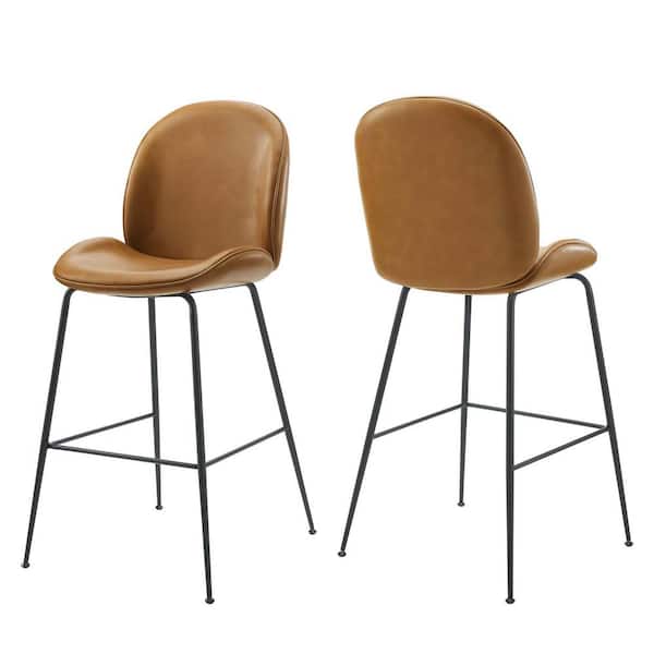 MODWAY Scoop Black Powder Coated Steel Leg Faux Leather Bar Stool in Tan