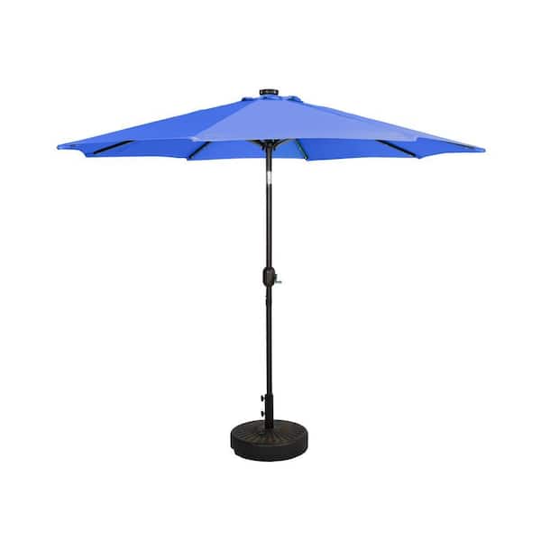 Marina Royal Blue 9 ft. Market Solar Powered LED Lighted Tilt Patio Umbrella with Bronze Round Base Included
