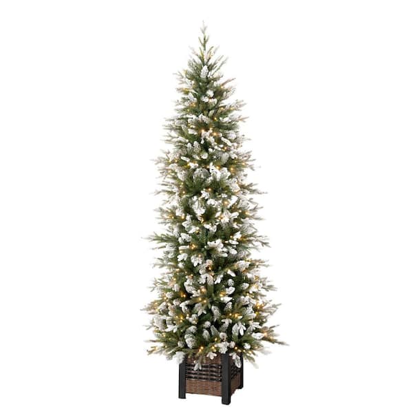 SULLIVANS 6.75 ft. Green Prelit Potted Snowy Pine Artificial Christmas Tree