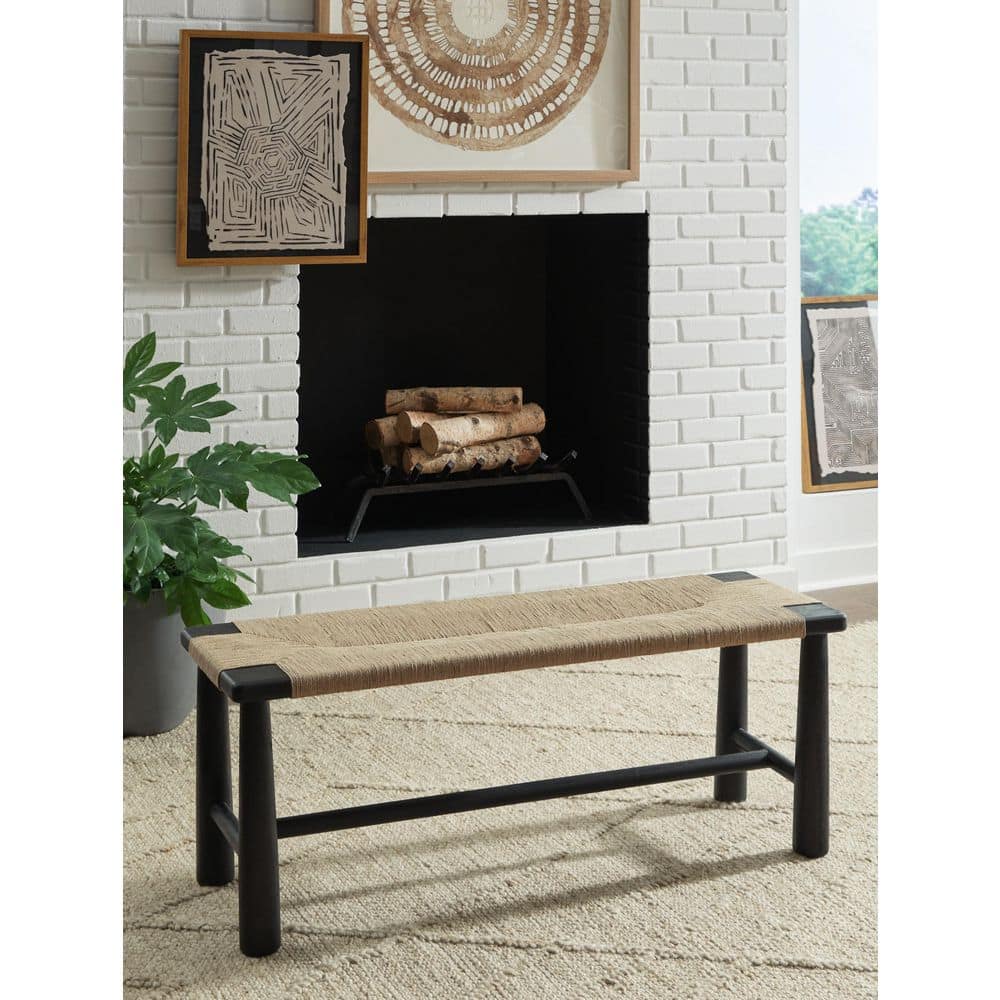 Acerman Beige and Black Jute Upholstered Accent Bench