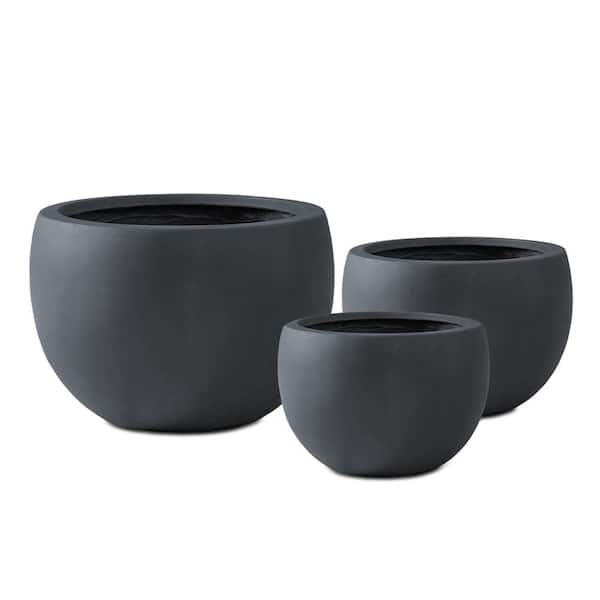 KANTE 13 in. Tall Charcoal Lightweight Concrete Round Outdoor Planter (Set of 3)