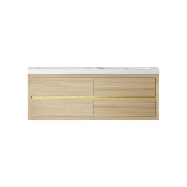 60 in. W x 20 in. D x 22 in. H Double Sink Wall-Mounted Bath Vanity in Oak Natural Wood with White Solid Surface Top