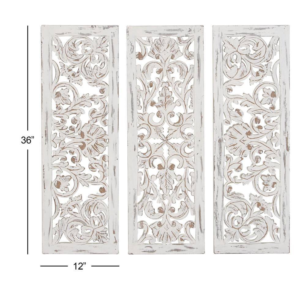 White Distressed Wood Carved Floral Wall Panels Set of 3