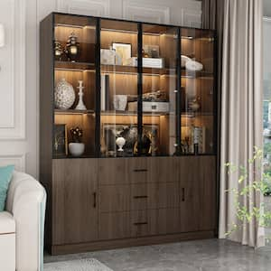 Brown Wood 63 in. W Display Cabinet With Pop up Tempered Glass Doors, 3-Color LED Lights, Drawers, Adjustable Shelves