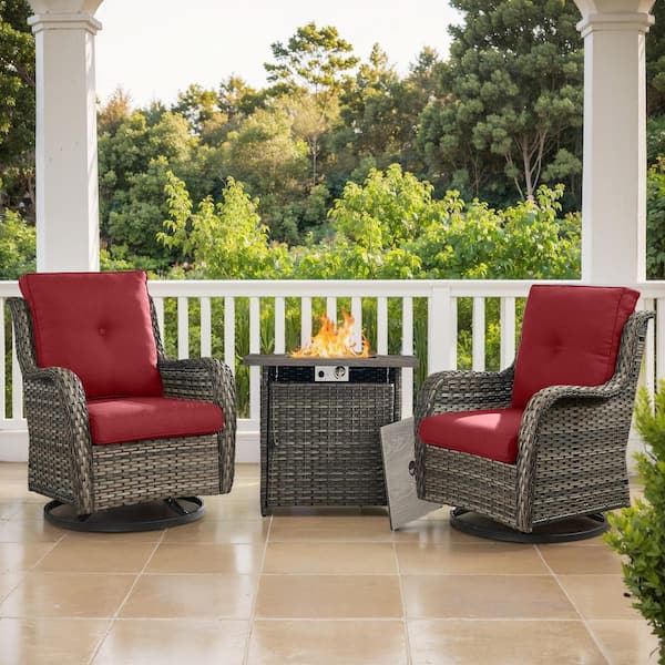 moosprr 3-Piece Gray Wicker Outdoor Dining Set with Olefin Red Cushions Fire Pit Sets with Swivel Gliders for Patio