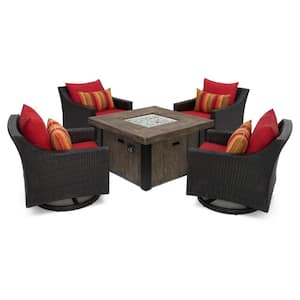 Deco 5-Piece Wicker Motion Patio Fire Pit Conversation Set with Sunbrella Sunset Red Cushions