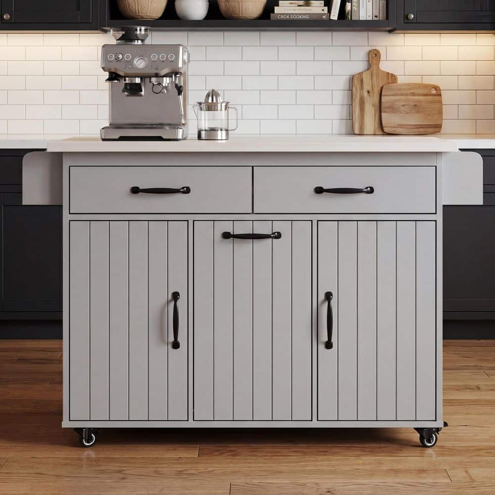 Ximuprmy Gray Wood 51 in. Kitchen Island with Trash Can Storage