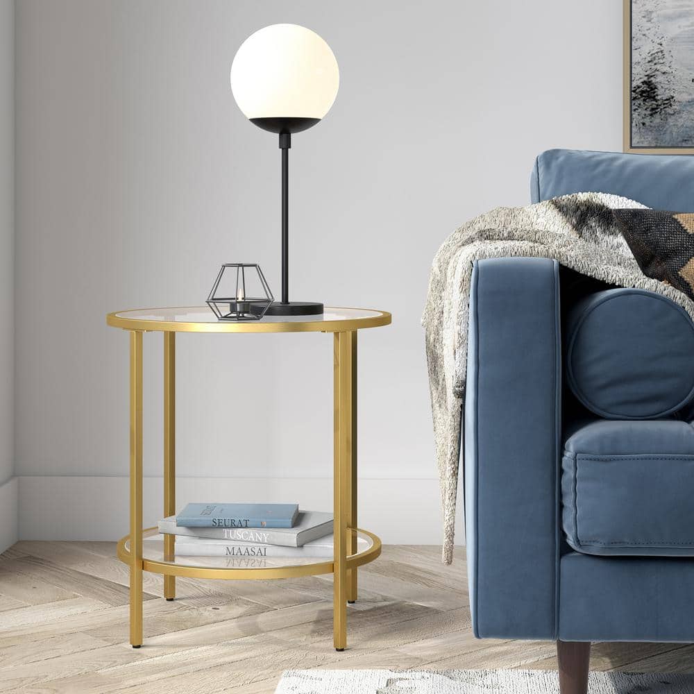 20" Round Brass & Glass Compact Side Table with Shelf