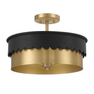 16 in. W x 10.5 in. H, 3-Light Matte Black and Natural Brass Semi-Flush Mount