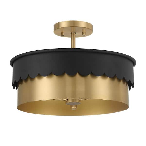 TUXEDO PARK LIGHTING 16 in. W x 10.5 in. H, 3-Light Matte Black and Natural Brass Semi-Flush Mount