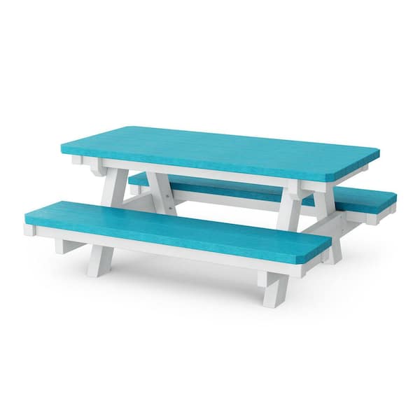 Heritage 48 in. Aruba Blue and White Rectangle HDPE Plastic Child's Picnic Table Seats 6-Kids