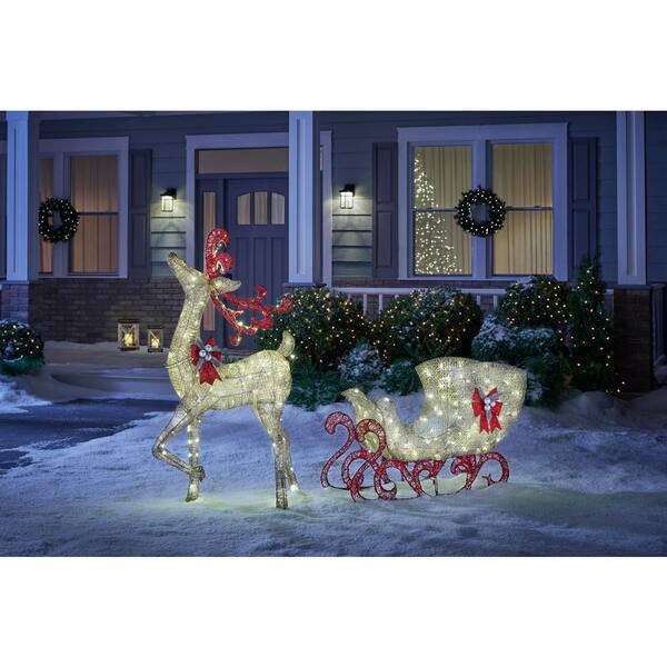 Home Accents Holiday 5 Ft 100 Light, Outdoor Light Up Santa Sleigh And Reindeer