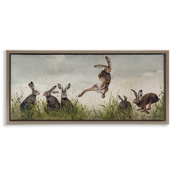 Jumping Hares in Wild by Maggie Vandewalle Brown Floater Frame Graphic Art Print Animal 31 in. x 15 in.