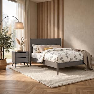 2-Piece Gray Wood King Bedroom Set with Nightstand