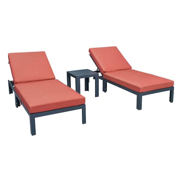 Leisuremod Chelsea Modern Black Aluminum Outdoor Patio Chaise Lounge Chair with Side Table and Orange Cushions (Set of 2)