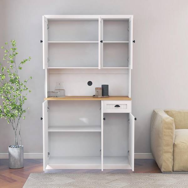 FUNKOL 39.76inx14.96inx70.86in MDF Ready to Assemble Kitchen Cabinet in White with Microwave Countertop, 6 Doors and 1 Drawer
