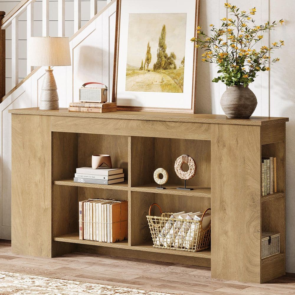 63 in. Rectangle Brown Wood Console Table with Storage, Farmhouse Heavy Duty Entryway Sofa Table Living Room, Hallway