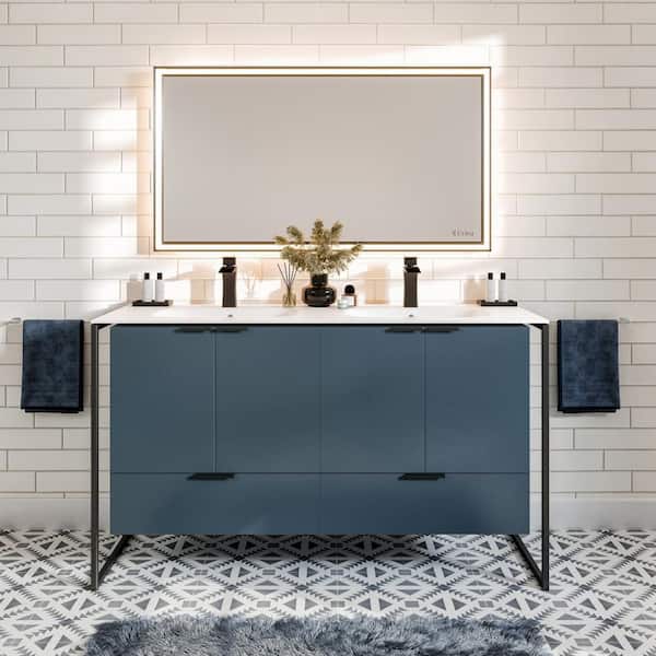 Onyx 48 in. Double Sink Floating Blue Bath Vanity with White Solid Surface Top (Assembled)
