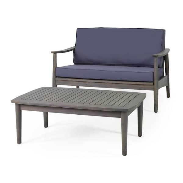 Noble House Willowbrook Gray 2-Piece Wood Outdoor Patio Conversation Set with Dark Gray Cushions