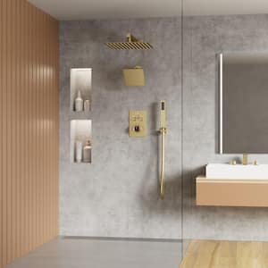 Thermostatic Valve 7-Spray Patterns Shower Faucet Set 12 in. Wall Mount Dual Shower Heads with 6-Jets in Brushed Gold