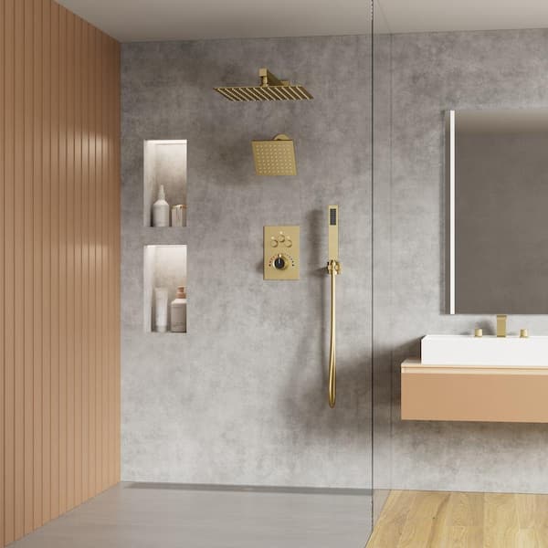 Thermostatic 7-Spray Wall Mount 12 in. and 6 in. Dual Shower Head and Handheld Shower Head 2.5 GPM in Brushed Gold