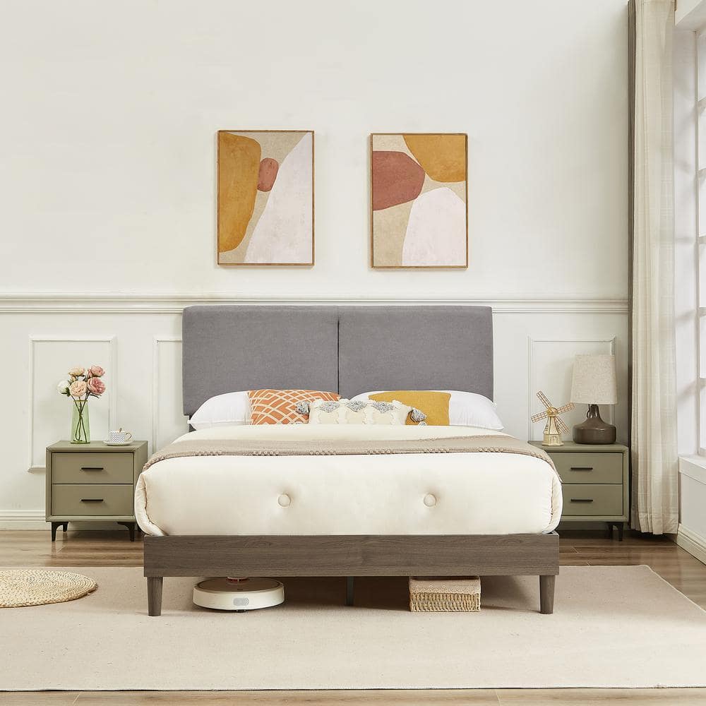 Upholstered Bed Frame with Linen Fabric Headboard, Strong Wood Slats Supports Platform Bed, Queen Size Bed, Beige