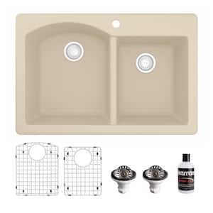 QT-610 Quartz/Granite 33 in. Double Bowl 60/40 Top Mount Drop-In Kitchen Sink in Bisque with Bottom Grid and Strainer