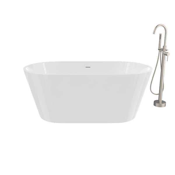 MAAX Calinda 60 in. x 30 in. Soaking Flat Bottom Bathtub in. White with Freestanding Faucet in Brushed Nickel