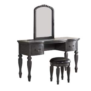 3-Piece Gray Makeup Vanity Set with Carved Mirror and Turned Legs
