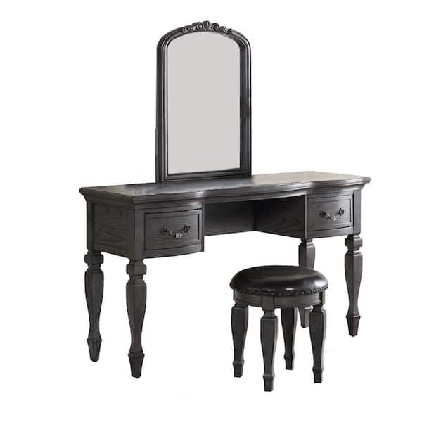 Benjara 3-Piece Gray Makeup Vanity Set with Carved Mirror and Turned Legs