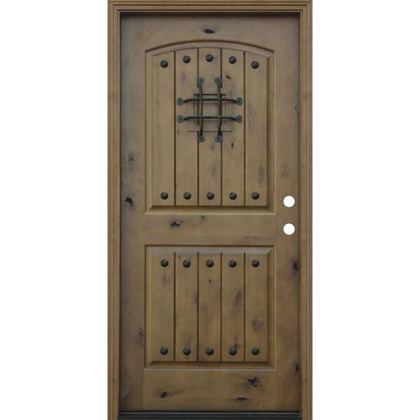 Pacific Entries 36 in. x 80 in. Rustic Arched 2-Panel V-Groove Stained Knotty Alder Wood Prehung Front Door with 6 in. Wall Series