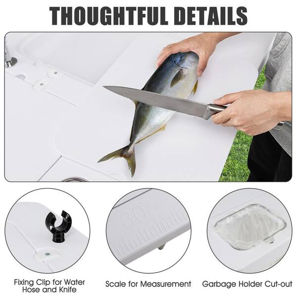 Tangkula Portable Fish Cleaning Table Folding Camping Table w/ 2 Sinks & Rotatable Faucet Functional Garbage Holder & Measuring Mark
