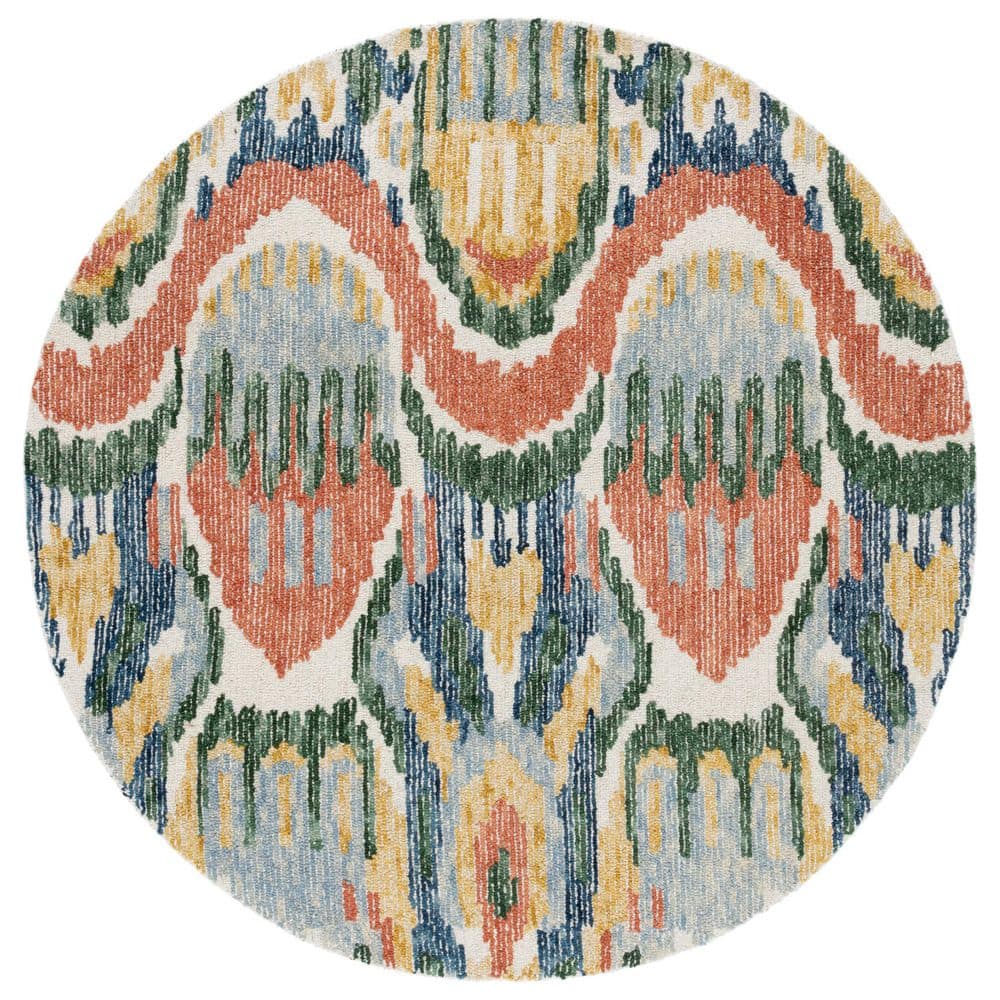 SAFAVIEH Ikat 6 ft. x 6 ft. Green/Rust Abstract Mayan Round Area Rug ...