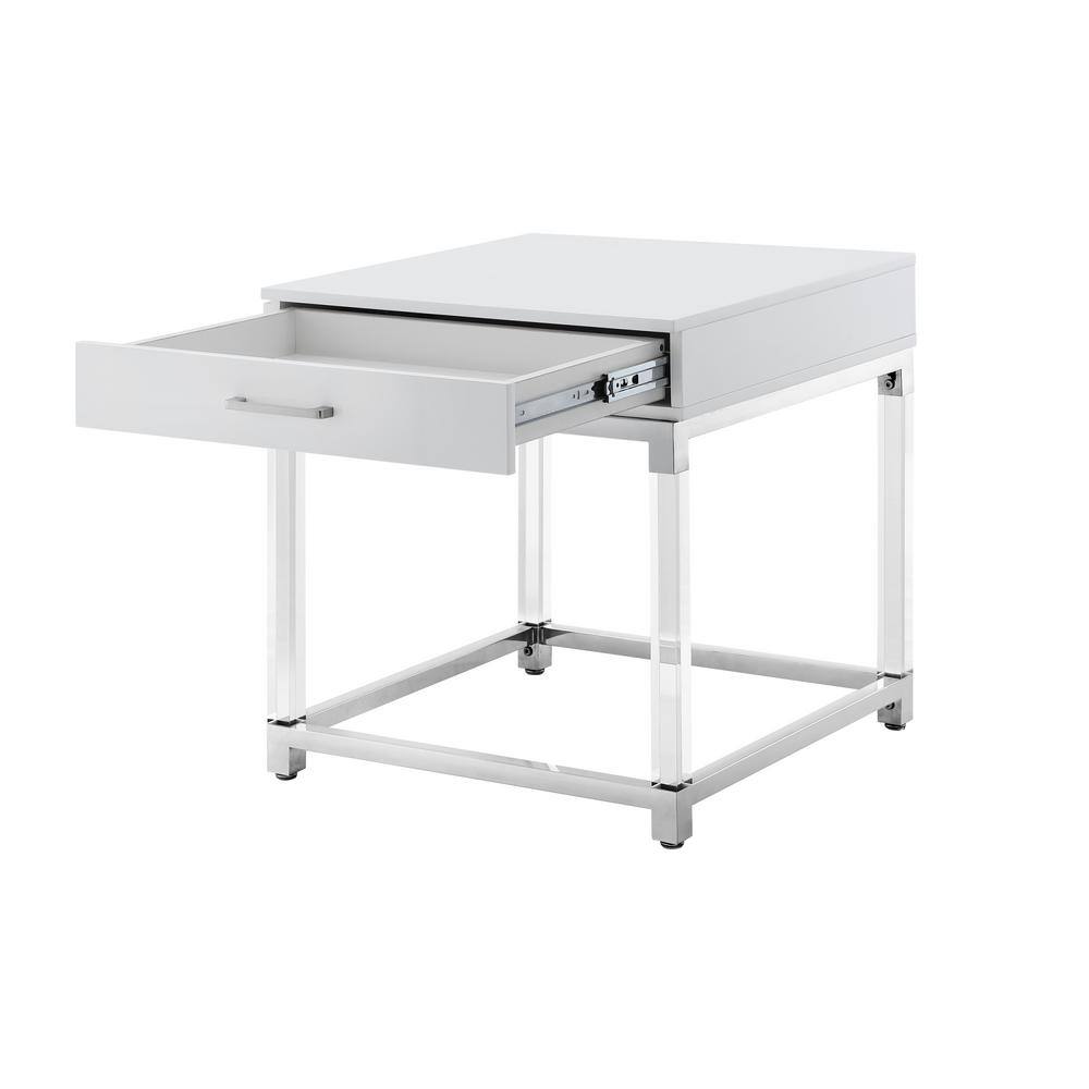 White and Chrome 1-Drawer End Table with Acrylic Legs